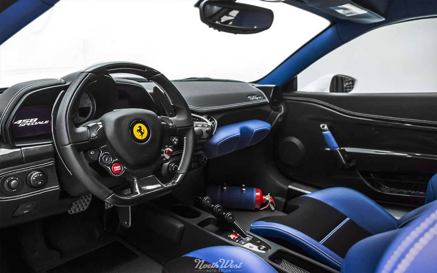 Blue interior on a Ferrari 458 Speciale