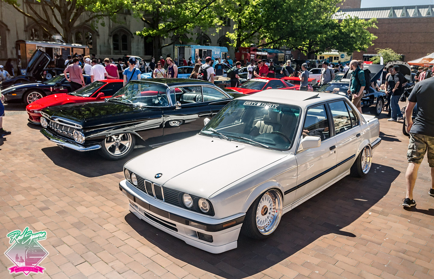 Red-Square-Car-Show-9-UW-Charity-Benefit-PAWS-org-slammed-white-bmw-e30-s
