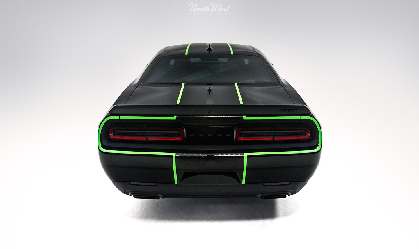 Dodge-Challenger-SRT-Hellcat-new-car-detail-ceramic-pro-custom-neon-green-stripes-back