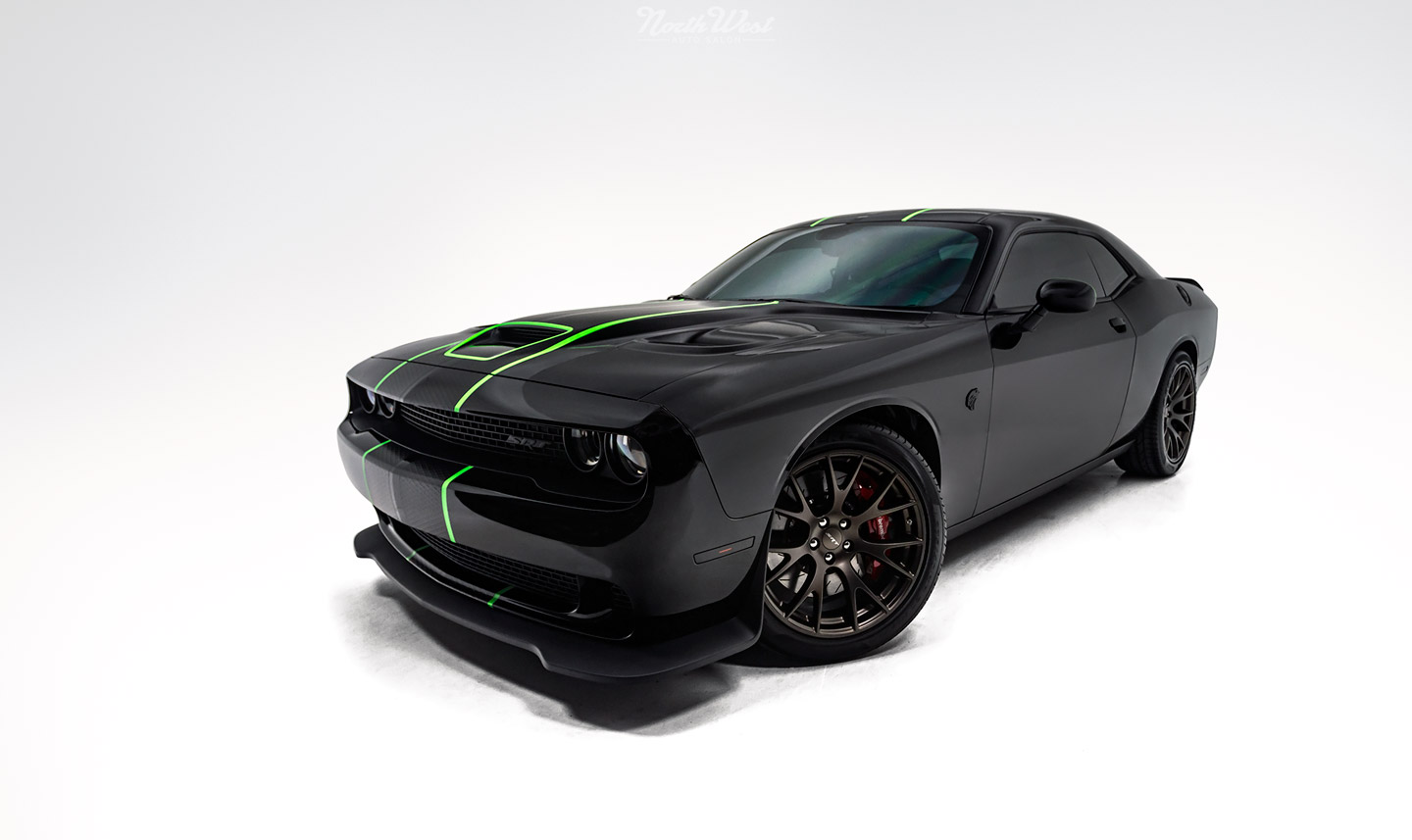 Dodge-Challenger-SRT-Hellcat-new-car-detail-ceramic-pro-custom-neon-green-stripes-front-qtr