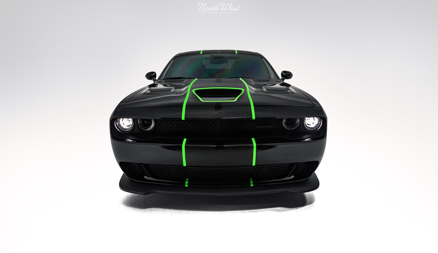 Dodge-Challenger-SRT-Hellcat-new-car-detail-ceramic-pro-custom-neon-green-stripes-front