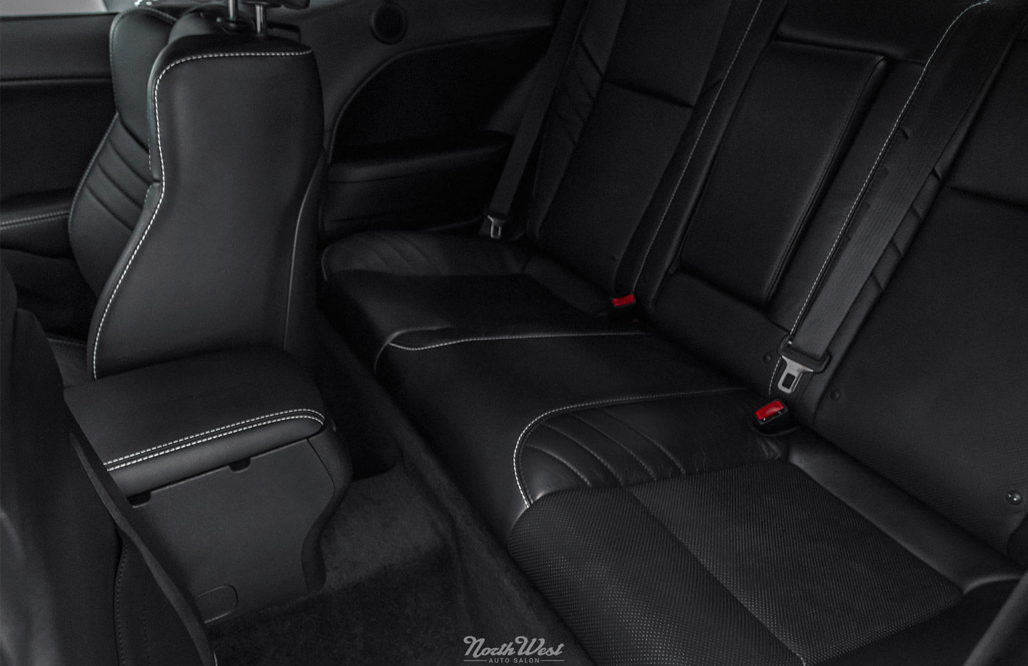 Dodge-Challenger-SRT-Hellcat-new-car-detail-ceramic-pro-custom-neon-green-stripes-interior-coating-rear-seats