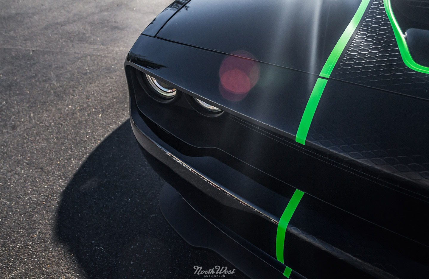 Dodge-Challenger-SRT-Hellcat-new-car-detail-ceramic-pro-custom-neon-green-stripes-paint-outside-2