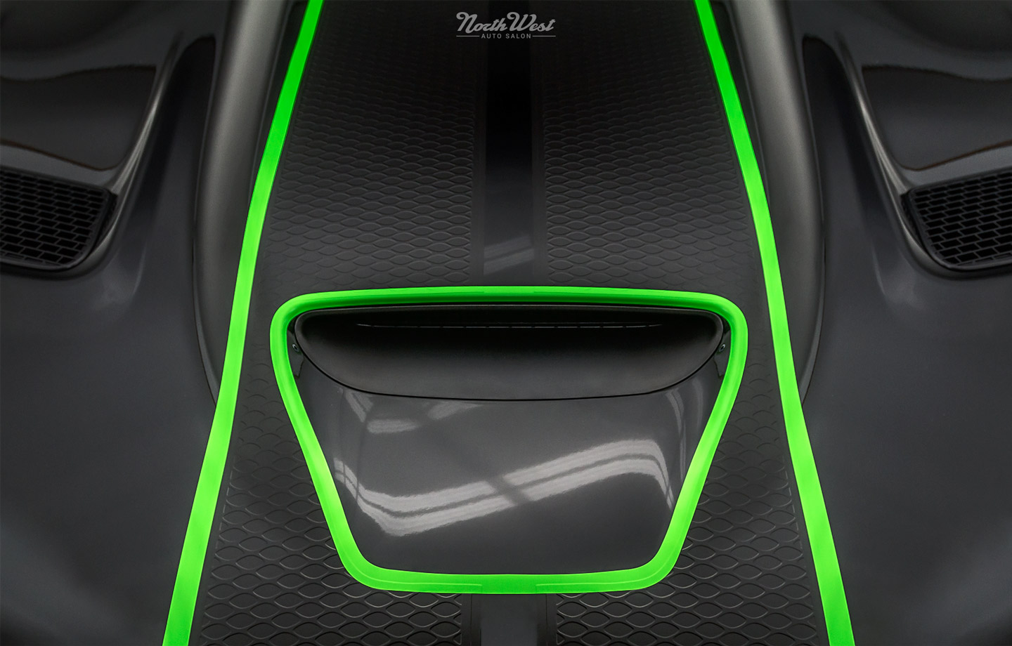 Dodge-Challenger-SRT-Hellcat-new-car-detail-ceramic-pro-custom-neon-green-stripes-raised-grill-texture
