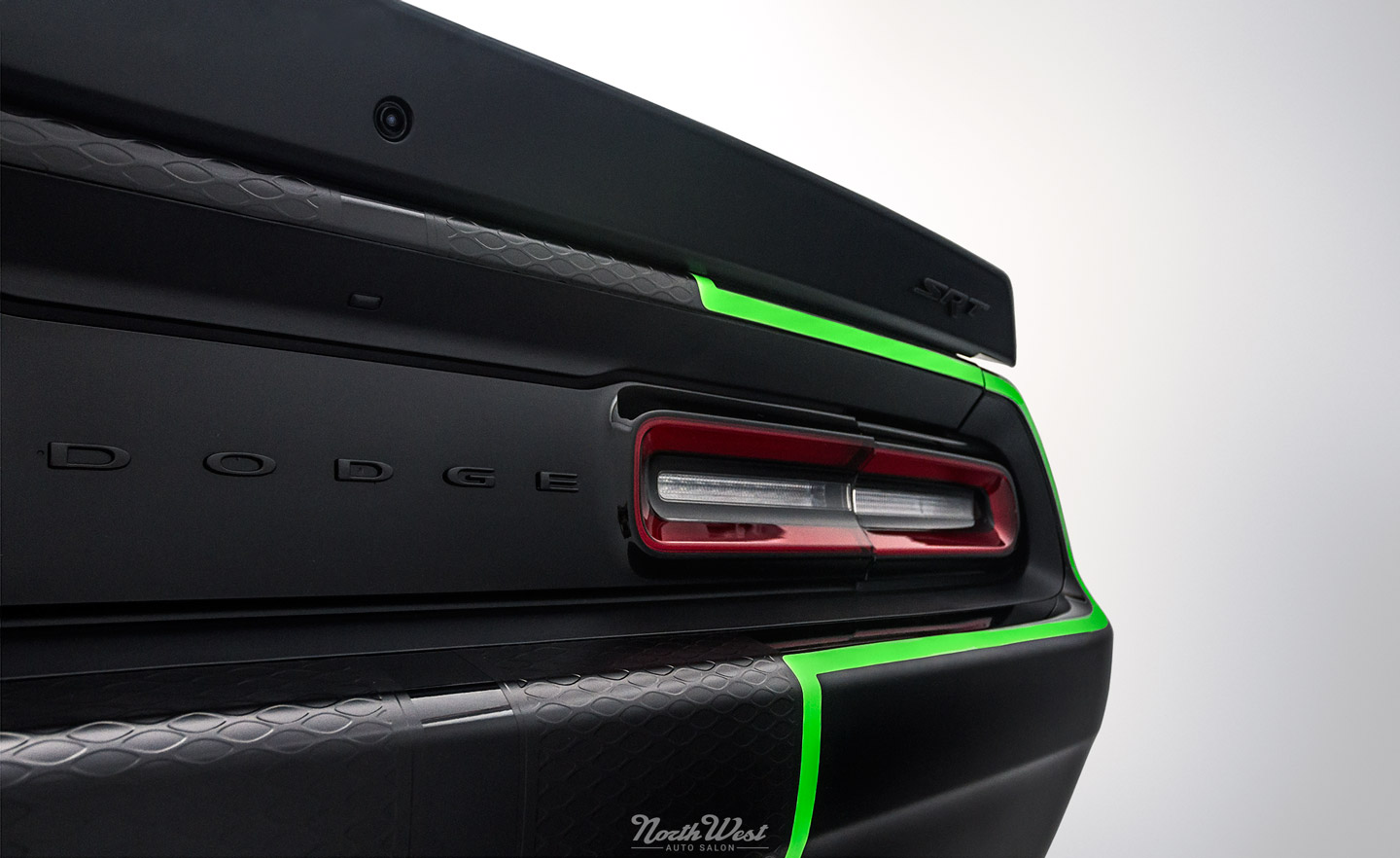 Dodge-Challenger-SRT-Hellcat-new-car-detail-ceramic-pro-custom-neon-green-stripes-rear-qtr-close