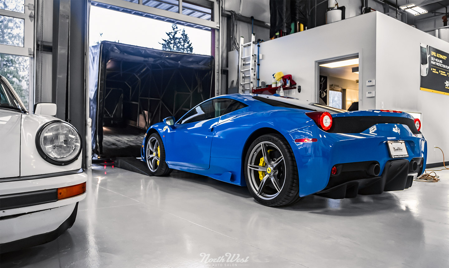Azzurro-Dino-Ferrari-458-Speciale-XPEL-Ultimate-paint-protection-leaving-seattle-NWAS
